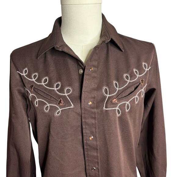 Vintage Karman Western Pearl Snap Shirt Brown Embroidered Long Sleeve Medium - Picture 2 of 6